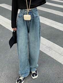 風紀扣細節水洗寬鬆牛仔褲 - 中等水洗藍 - 查看 5