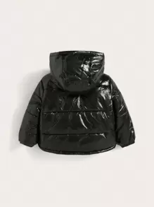 SHEIN Baby Boy/Girl Casual Solid Color Hooded Thick Jacket With Shiny Fabric - Black - View 2