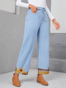 SHEIN LUNE Sun Print Wide Leg Jeans - Light Wash - View 4