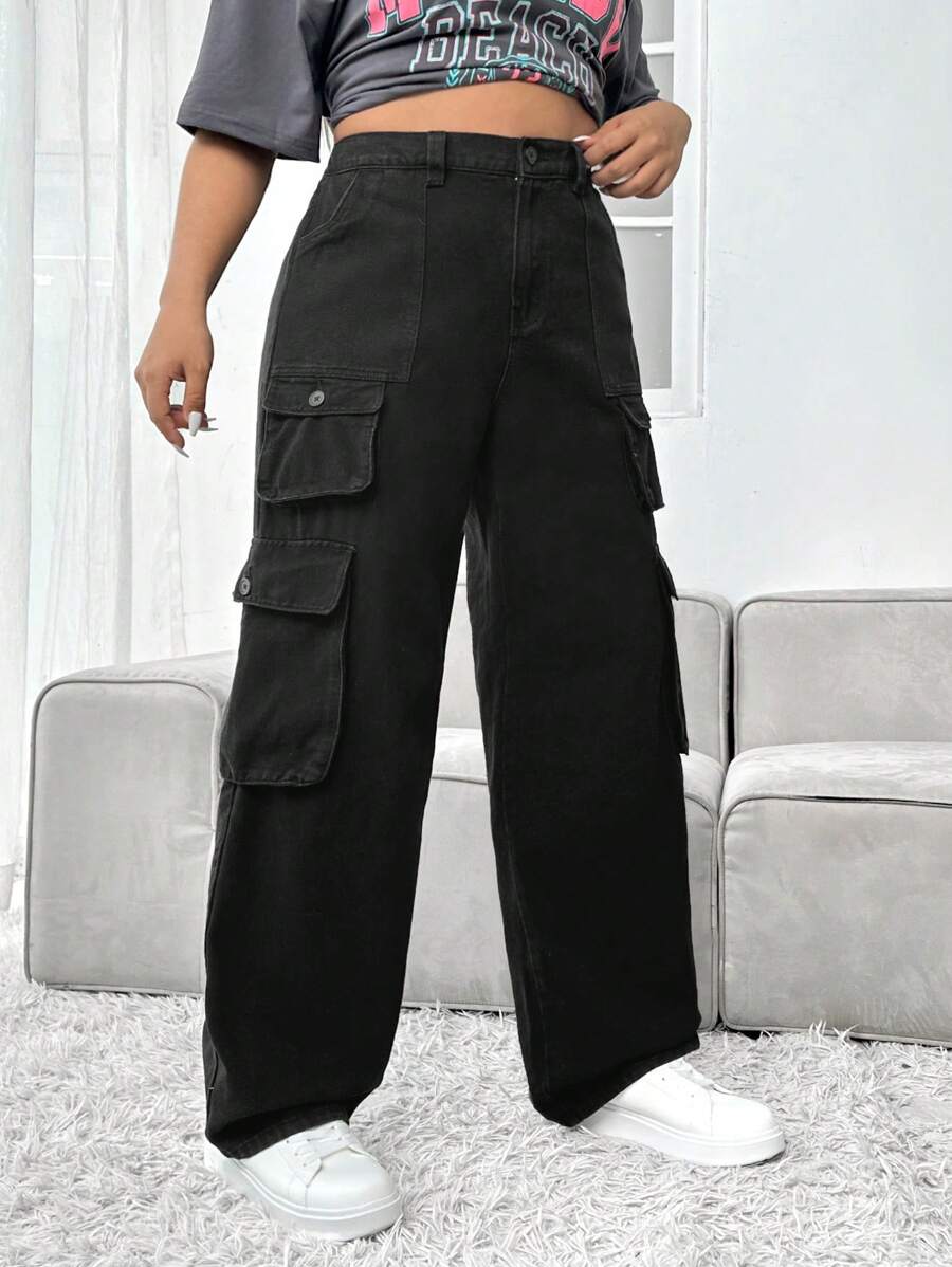 SHEIN ICON 大碼側翻蓋口袋工裝牛仔褲 - 黑色 - 查看 1