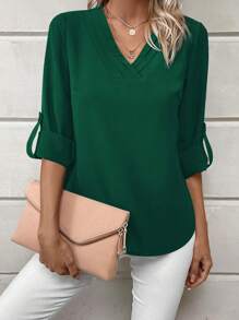 EMERY ROSE Solid Roll Up Sleeve V Neck Blouse - Dark Green - View 4