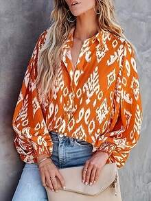 Plus Allover Print Lantern Sleeve Shirt - Orange - View 3