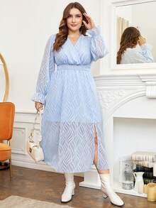 SHEIN Franclia Plus Surplice Neck Flounce Sleeve Dress - Blue - View 6