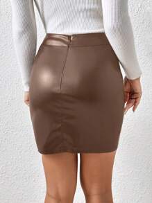 SHEIN Frenchy Váy mini ôm sát cạp cao bằng da PU màu trơn xẻ tà bên hông dành cho nữ - Màu nâu Sô-cô-la - Xem 2
