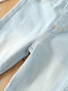 SHEIN Vintaside Kids 女婴三件套弹力腰斜插口袋纯色牛仔裤，时尚秋冬款 - 彩色 - 查看 5