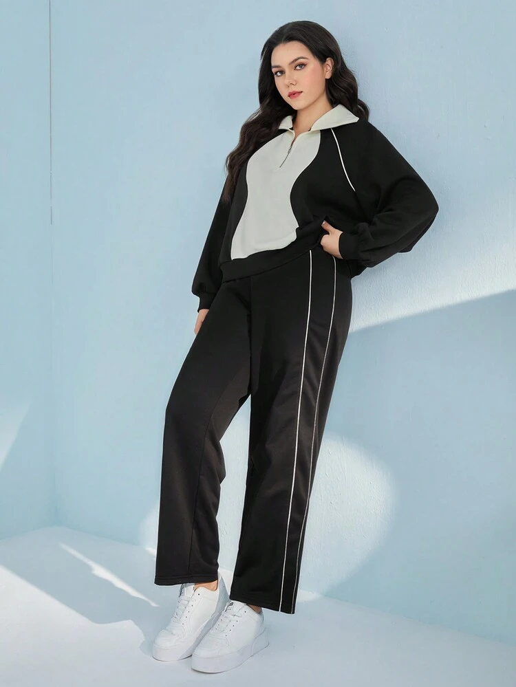 Plus Colorblock Half Zip Raglan Sleeve Sweatshirt & Pants 2 Piece Set