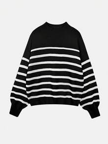 Women Striped Round Neck Batwing Long Sleeve Loose Casual Sweater, Autumn/Winter - Black and White - View 3