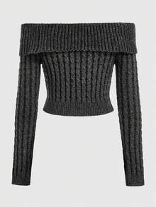 ROMWE Grunge Punk Off Shoulder Gấp lại Áo len - Xám - Xem 2