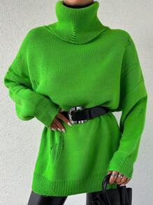 EURMUSE Jersey Largo Verde Brillante Para Mujer Con Diseño Desgastado Y Cuello Alto - Verde Lima - Ver 1