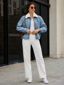 SHEIN Frenchy Borg Collar Drop Shoulder Denim Jacket Winter - Dark Wash - View 3