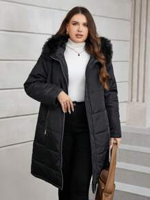 SHEIN Clasi Plus Fuzzy Trim Hooded Belted Padded Coat - Black - View 6