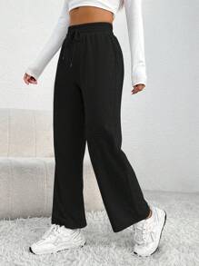 SHEIN PETITE Drawstring Waist Sweatpants Graduation,Back To School Outfits,Graduation,Teacher Outfits For Women,Back To School - Black - View 3