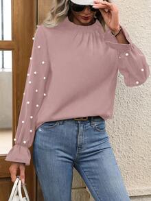 SHEIN Clasi 珍珠串珠荷葉袖褶邊領襯衫 - 粉色 - 查看 4