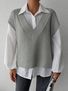 EURMUSE Chất rắn Cổ chữ V Áo len vest Không có áo sơ mi - Xám - Xem 3
