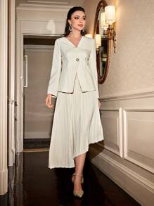 Modelyn Button Front Blazer & Pleated Skirt - Beige - View 4