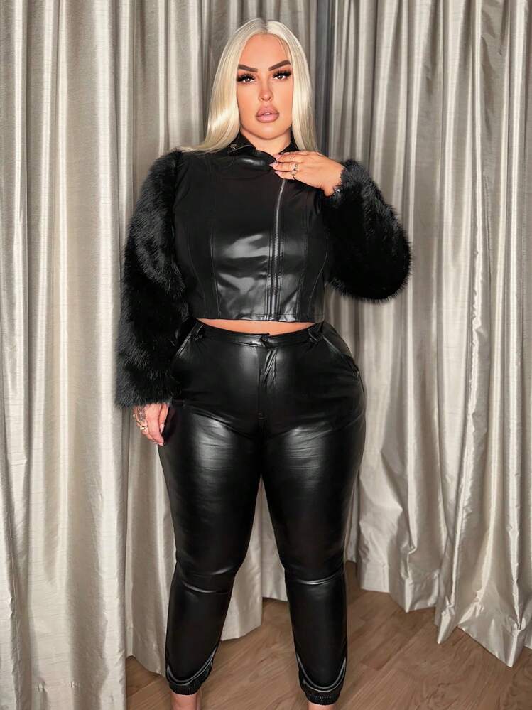 SHEIN SXY Plus Fuzzy Cuff Crop PU Leather Jacket | SHEIN USA