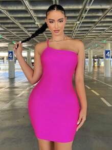 SHEIN SXY 女士性感單肩粉色洋裝,生日服裝,春季女裝,舞會裙,情人節禮服,約會晚裝,單身派對性感裝,俱樂部派對服裝 - 玫紅色 - 查看 1