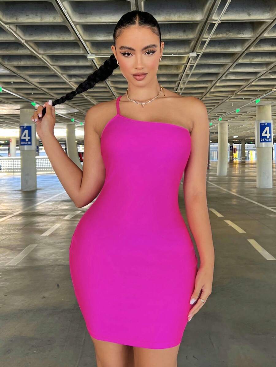 SHEIN SXY 女士性感單肩粉色洋裝,生日服裝,春季女裝,舞會裙,情人節禮服,約會晚裝,單身派對性感裝,俱樂部派對服裝 - 玫紅色 - 查看 1