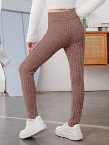 SHEIN 女大童條紋針織緊身打底褲 - 摩卡棕 - 查看 2