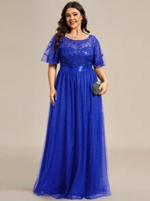 EVERPRETTY Vestido de dama de honor con contraste de malla y lentejuelas florales en talla grande - azul real - Ver 4