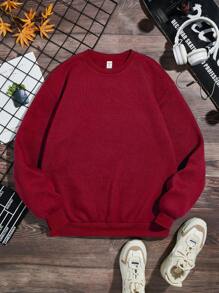 Teen Boy Solid Round Neck Thermal Lined Pullover,In Fall/Winter - Red - View 1