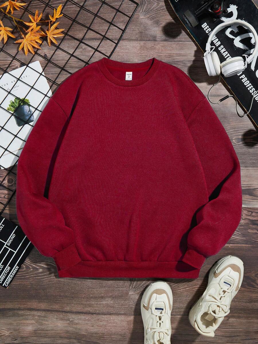 Teen Boy Solid Round Neck Thermal Lined Pullover,In Fall/Winter - Red - View 1