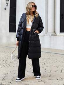 EURMUSE Zip Up Hooded Puffer Coat - Black - View 4