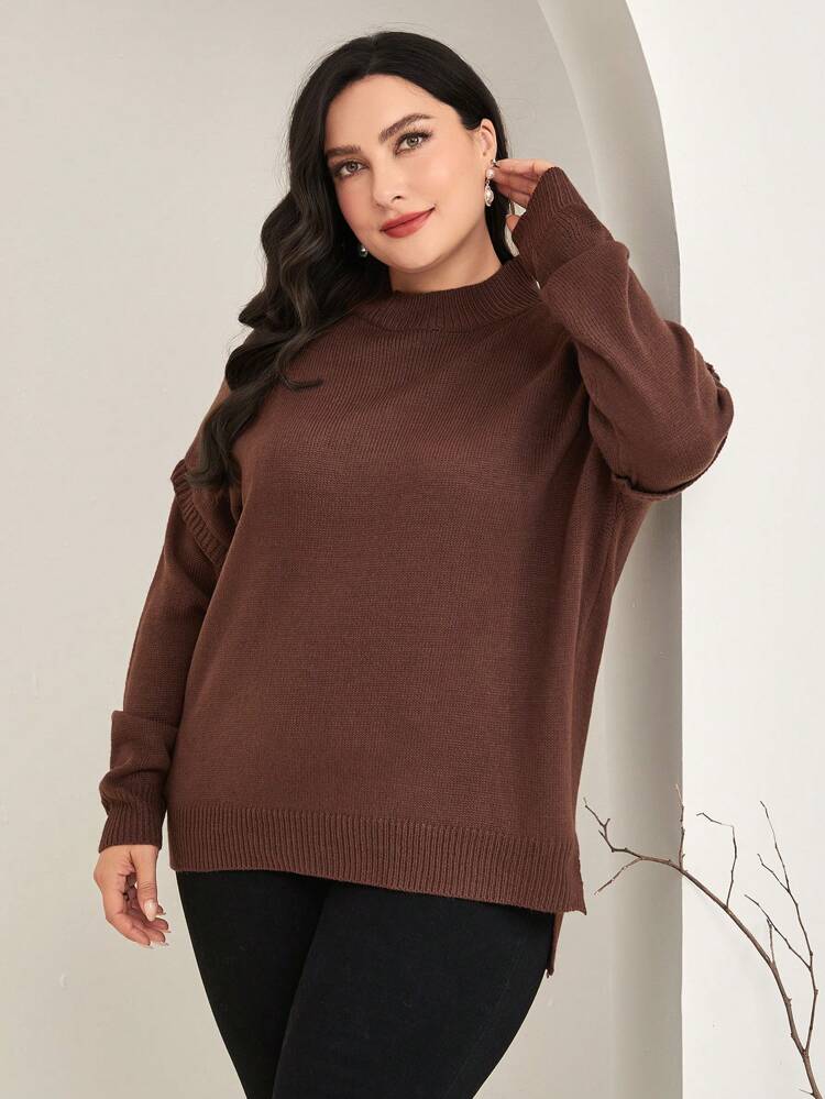 Plus Drop Shoulder Split Hem Sweater Knit Pullover Fall Winter Sweater