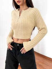 SHEIN EZwear Half Zip Raglan Sleeve Crop Sweater - Khaki - View 6