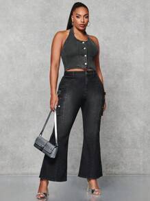 SHEIN BAE Plus Button Front Halter Neck Denim Top - Grey - View 6