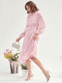 Enchnt 水溶蕾絲拼接刺繡荷葉邊洋裝 - 淺粉色 - 查看 4