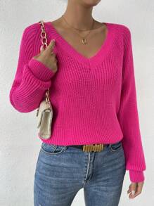 EMERY ROSE Solid Raglan Sleeve Ribbed Knit Sweater,Ladies Spring/Fall Casual Long Sleeve Regular Fit Hot Pink Raglan Sleeve Pullovers Women Sweaters,Long Sleeve Tops Knit Pullover Fall Winter Outfit - Hot Pink - View 5