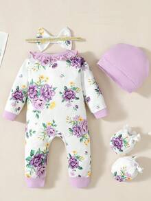 4件套寶寶連體哈衣長袖長褲配帶帽子和襪子,適用於秋冬季節