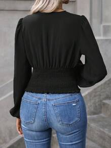 SHEIN Clasi Solid Lantern Sleeve Crop Blouse,Long Sleeve Tops Fall Cloth For Women - Black - View 2