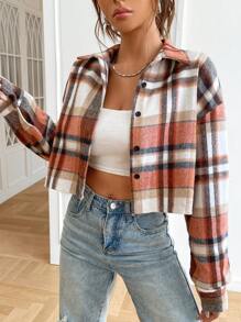 SHEIN EZwear 格紋印花落肩袖短款襯衫 - 彩色 - 查看 1