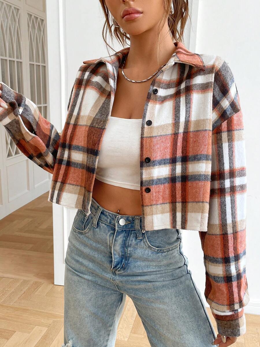 SHEIN EZwear 格紋印花落肩袖短款襯衫 - 彩色 - 查看 1