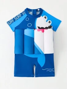 Baby Boy Cartoon Graphic Raglan Sleeve One Piece Swimsuit - Blue - View 3