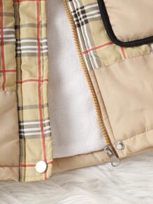 Baby Boy Plaid Print Contrast Binding Hooded Thermal Lined Padded Coat - Yellow - View 8