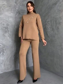 小高領紐扣細節套頭毛衣&喇叭針織長褲 - 駝色 - 查看 3
