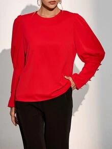 SHEIN Clasi Nút Quay lại Tay áo Áo sơ mi - Đỏ - Xem 3