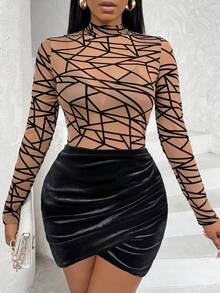 Chiquease Geo Print Mock Neck Mesh Top & Wrap Hem Bodycon Skirt - Black - View 4