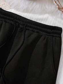 SHEIN EZwear Plus Letter Graphic Kangaroo Pocket Drawstring Hoodie & Sweatpants - Black - View 5