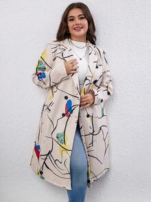 SHEIN LUNE Plus Graphic Print Lapel Neck Overcoat - Apricot - View 7