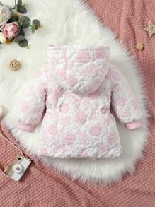 Baby Girl Floral Jacquard Hooded Padded Coat - Pink - View 2