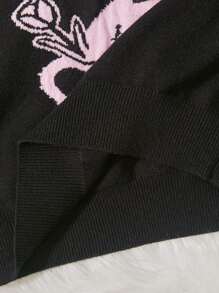 SHEIN 女大童兔子圖案落肩袖套頭毛衣 - 黑色 - 查看 5