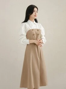 DAZY 雙色燈籠袖假兩件洋裝附腰帶 - 卡其色 - 查看 3