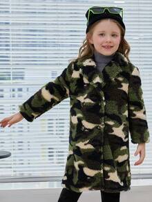 SHEIN 女小童迷彩印花落肩袖搖粒絨外套 - 棕色 - 查看 6