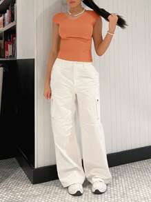 Muchica Chất rắn Cổ v Đồ đan Ribbed Áo thun - Màu Cam san hô - Xem 4