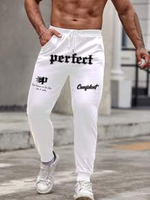 Manfinity LEGND Men Plus Letter Graphic Drawstring Waist Sweatpants - White - View 4