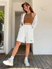 SHEIN EZwear Letter Graphic Drawstring Waist Track Shorts - White - View 6